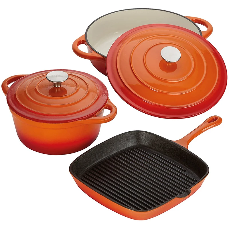 Low MOQ OEM cast iron cookware sets POD enamel pots and pans set colorful casserole