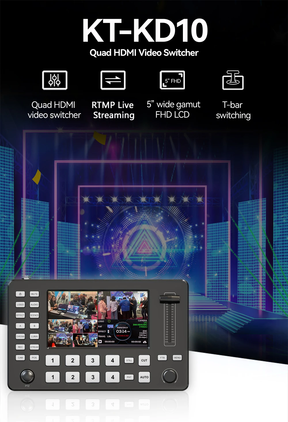 4 channel Quad HD MI video switcher Inputs Live Streaming Switcher RTMP Streaming with RTMP Live Streaming