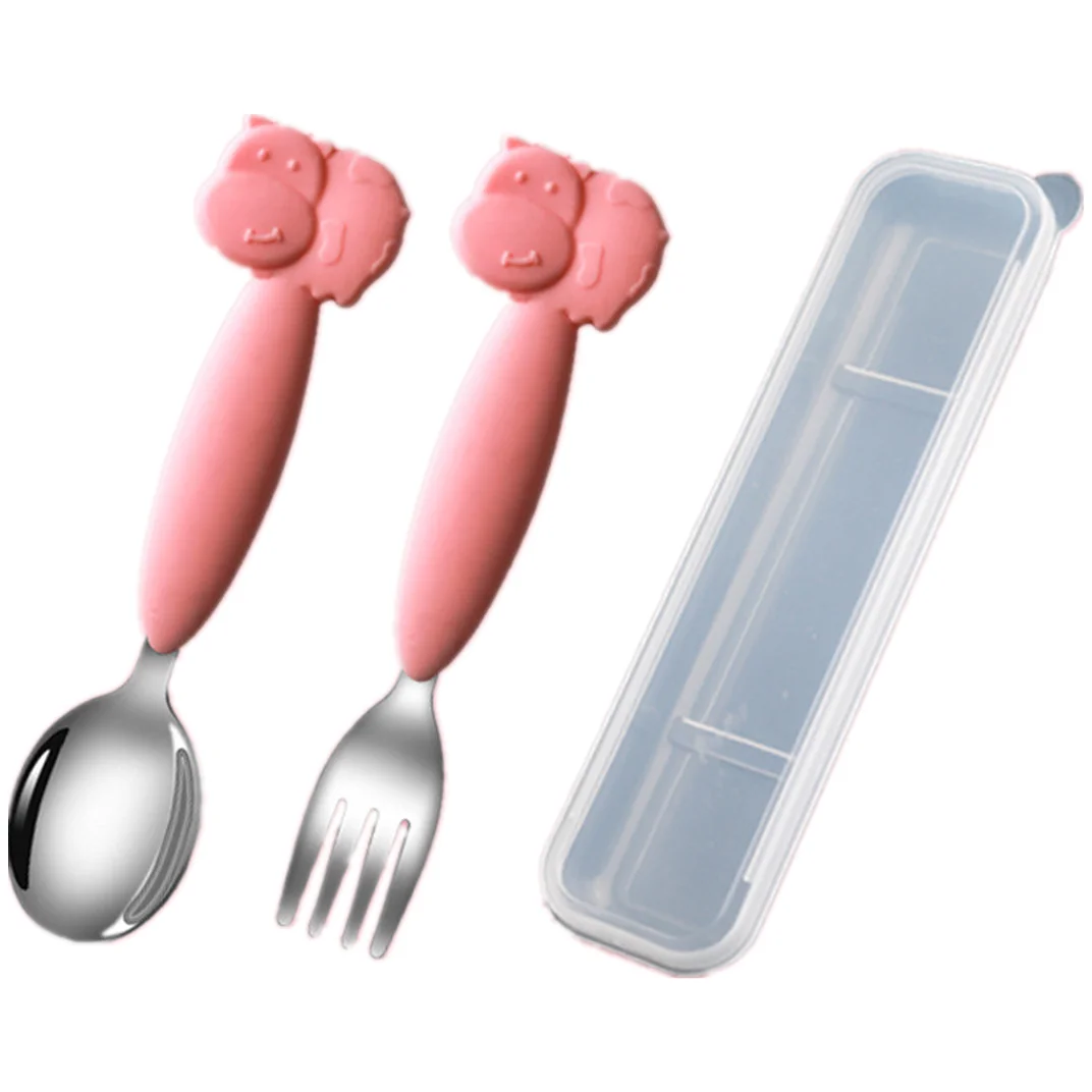 High Quality  Baby And Toddlers Training Feeding Spoon Silicone Handle Stainless Steel 304 Spoon And Fork Set