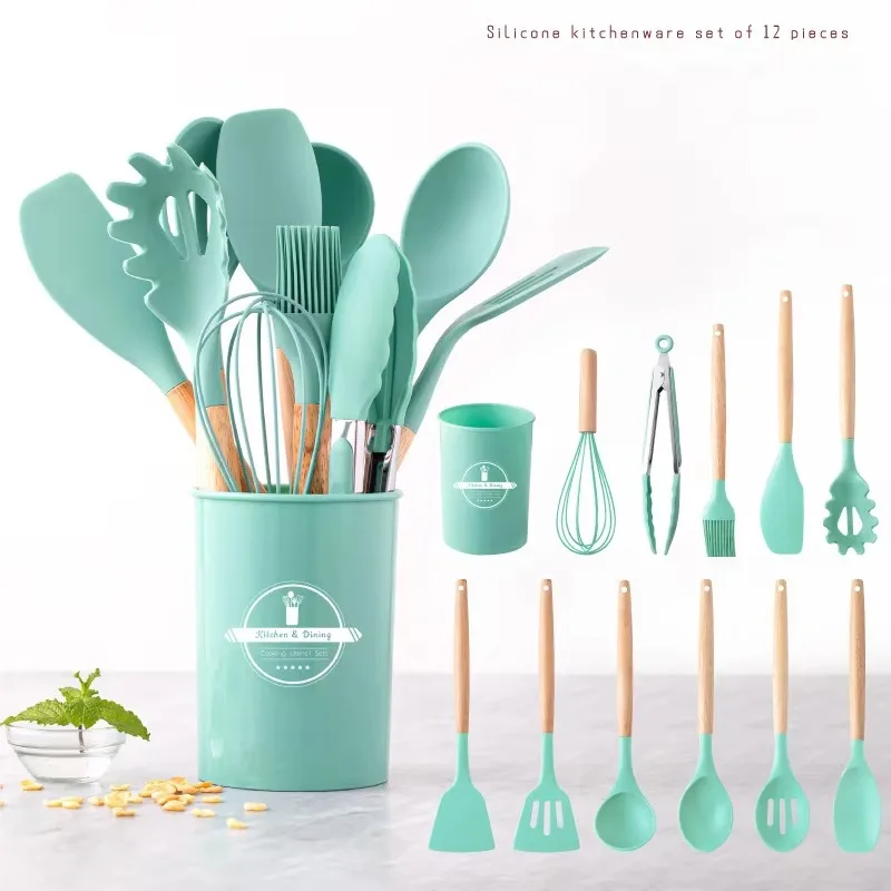 12 multifunctional silicone kitchenware set with Wooden Handle Non-stick Spoon Tongs Utensilios De Cocina Kitchen Utensils Tool