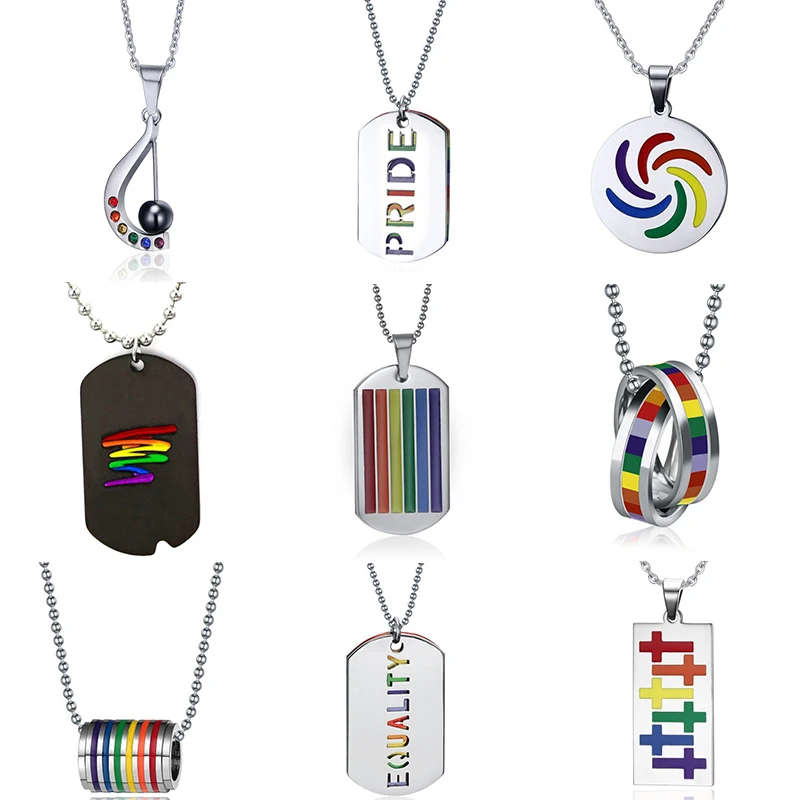 China High Quality Stainless Steel Circle Plate Rainbow Pride Gay Necklace Men Fashion Couple Unisex Pendant Chain Jewelry Gifts