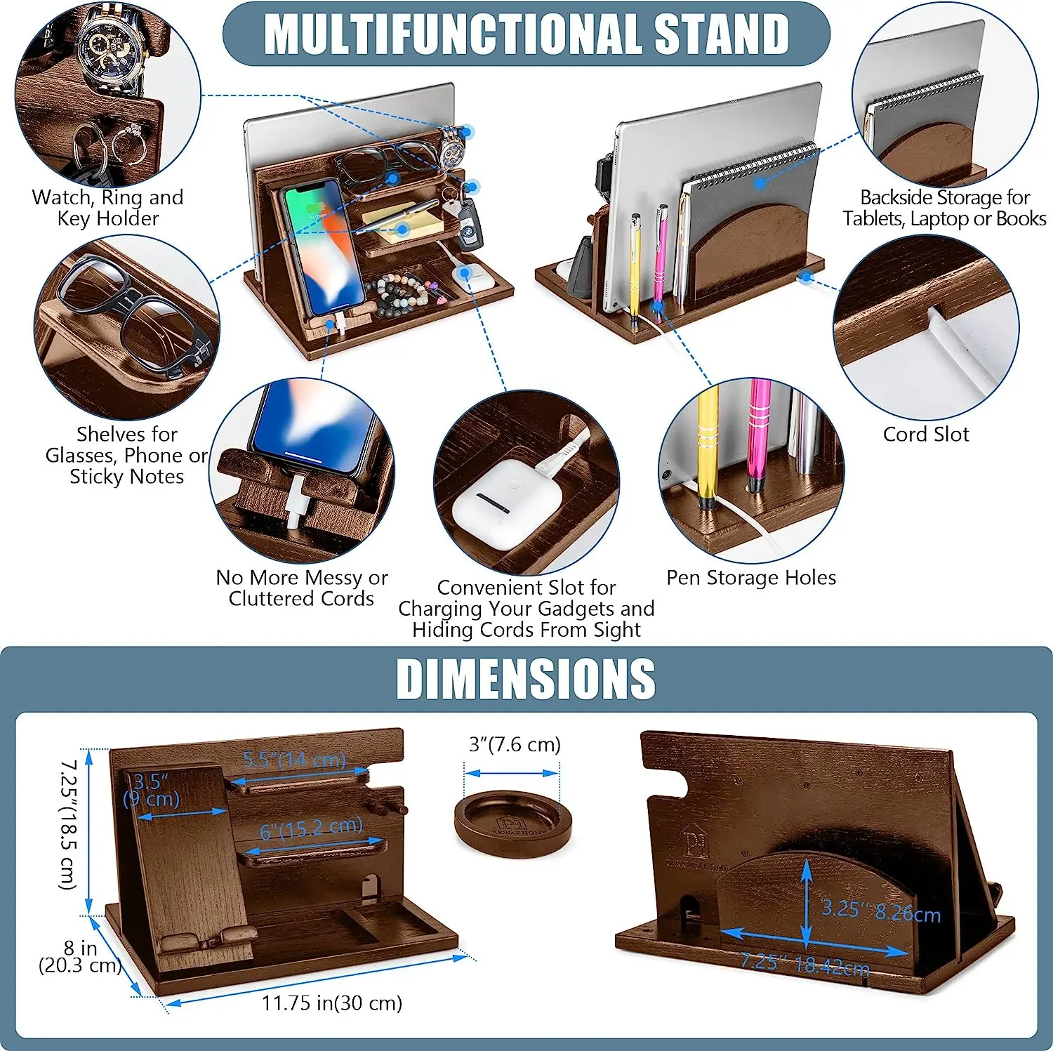 Wooden Ash Valet Tray Bedside Caddy Nightstand Organizer Wood Phone Docking Station For Men