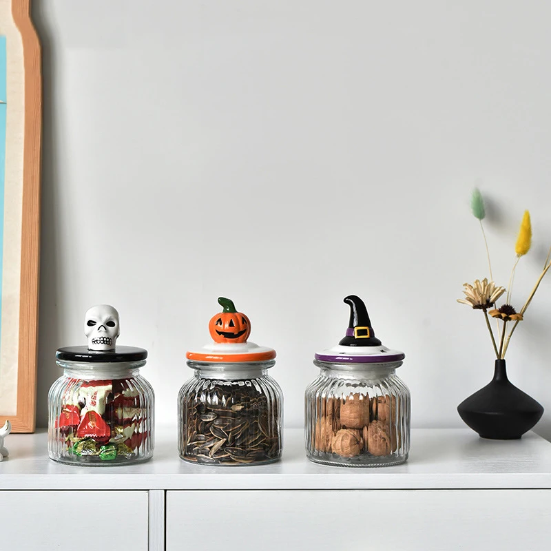 New Glass Nut Sealed Jar Halloween Storage Jar with Seal Lid Pumpkin Ceramic Canister Candy Jar with Lid for Halloween