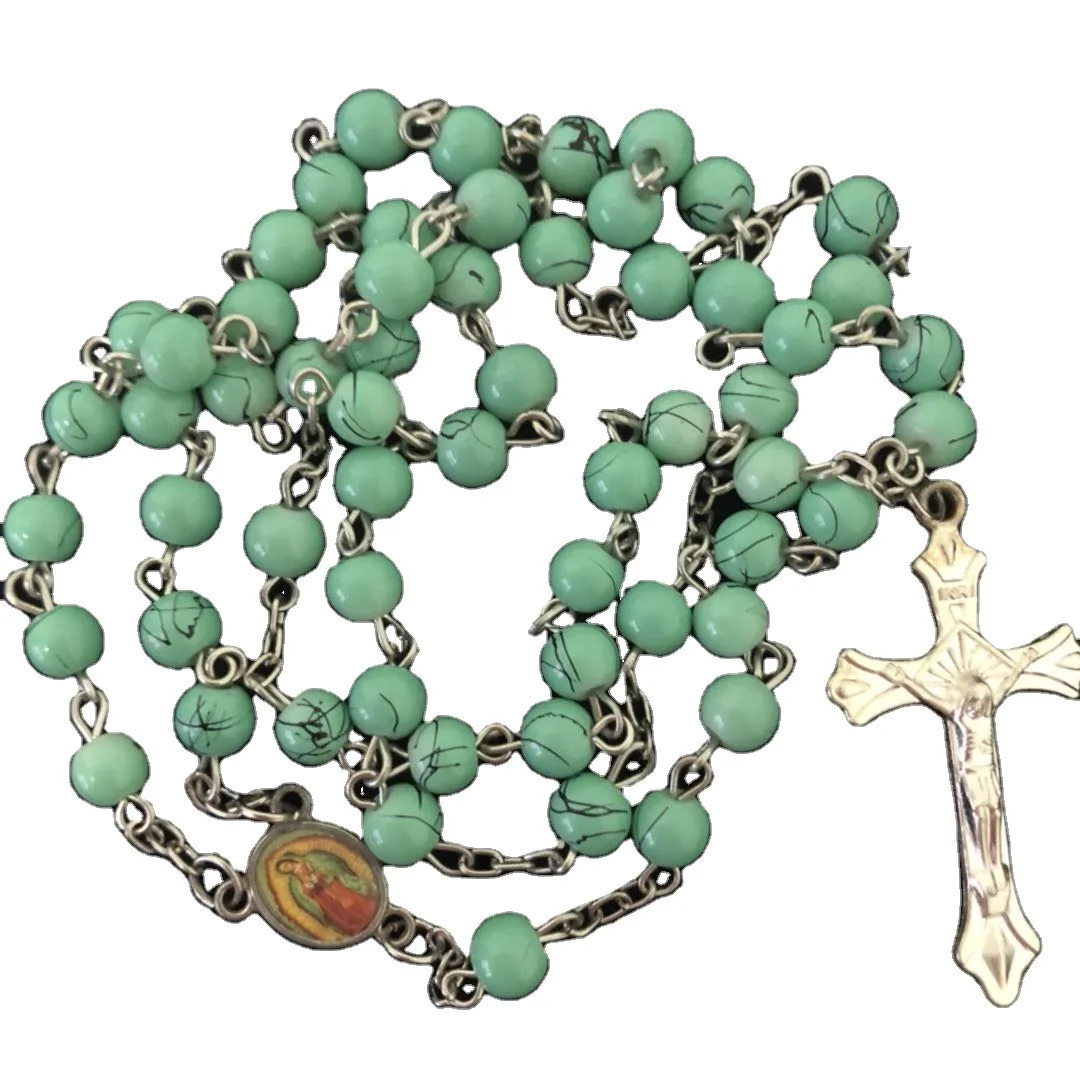 green glass rosary necklace baking varnished religious rosary beads with virgin Guadalupe centerpiece