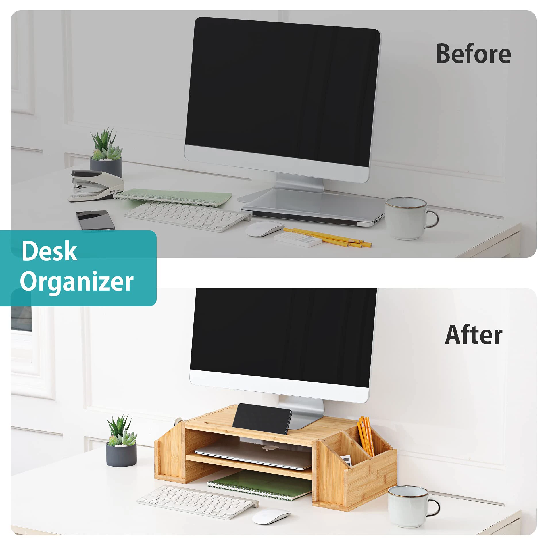 Bamboo 2-TIier Monitor Riser with Adjustable Storage Organizer Desktop Stand for Notebook
