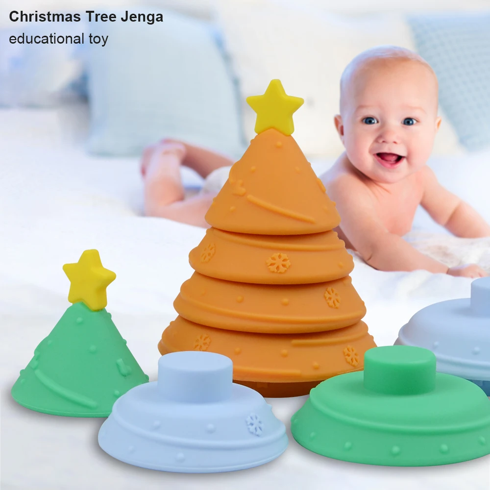 Christmas stacking toys Tree Shape Babies Teether Silicone Building Blocks Set Toddler silicone stacking toys