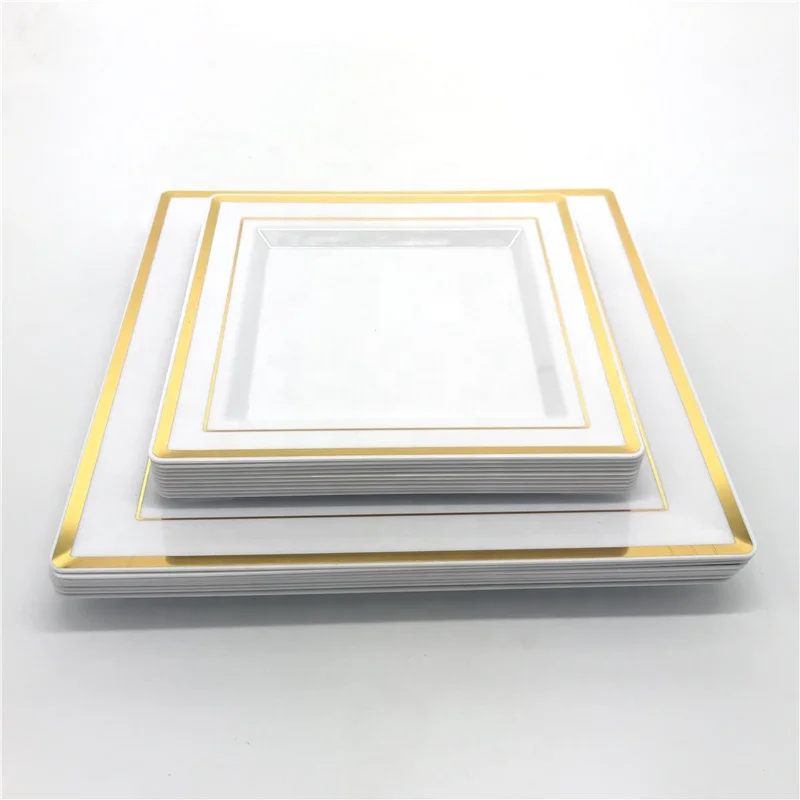 Disposable Plastic Gold Square Dinner Plates Classic Wedding Party Plates