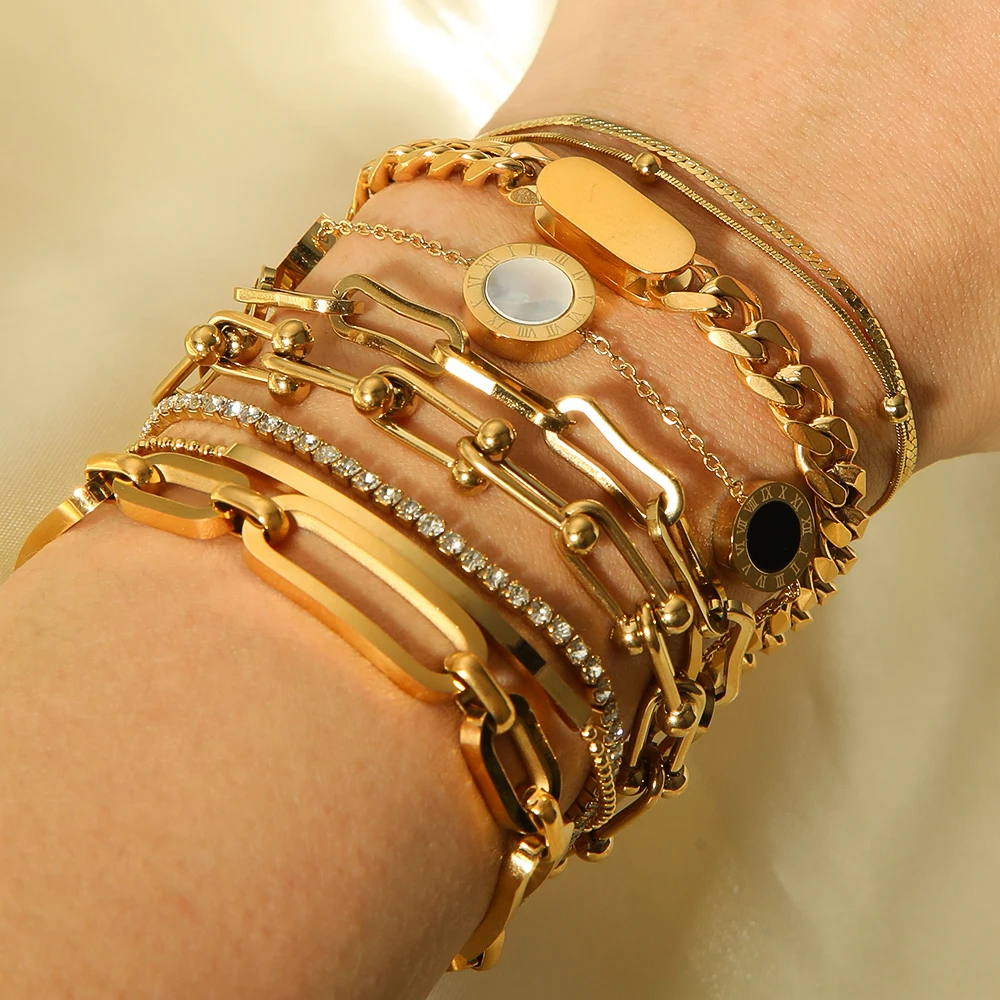 Fashionable 18K Stainless Steel  Gold Plated Link Chain Charms Bracelet For Women Tarnish Free Jewelry
