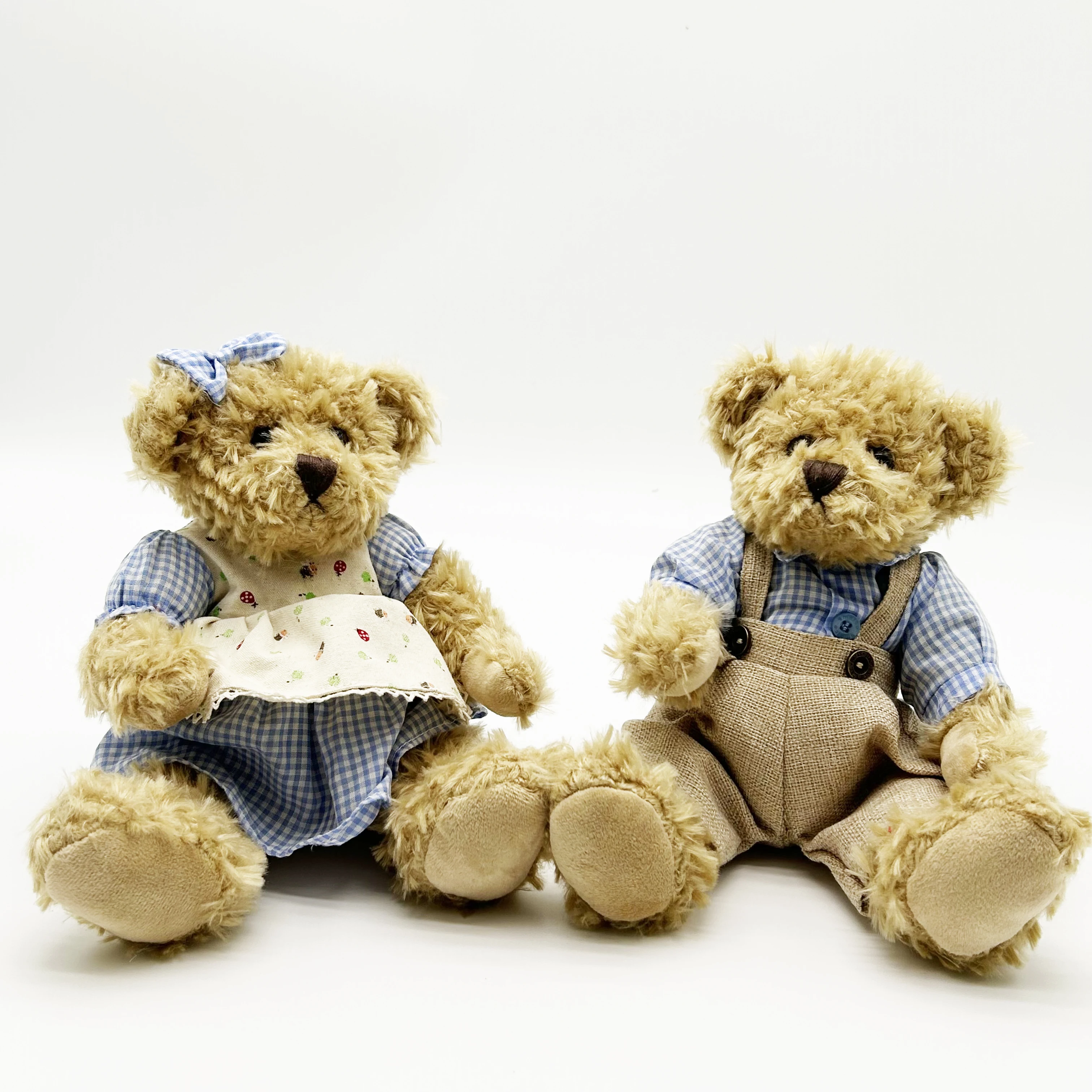 Teddy Bear Cute Stuffed Animal Couple Gift Soft Plush Toy Blue Plaid Clothes Bear Suit Wedding Doll
