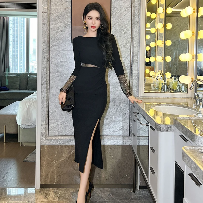 ZYHT 21088 Fashion Brands Designer Mature Transparent Fishnet Dress Diamond Stone Sparkling Dresses Women