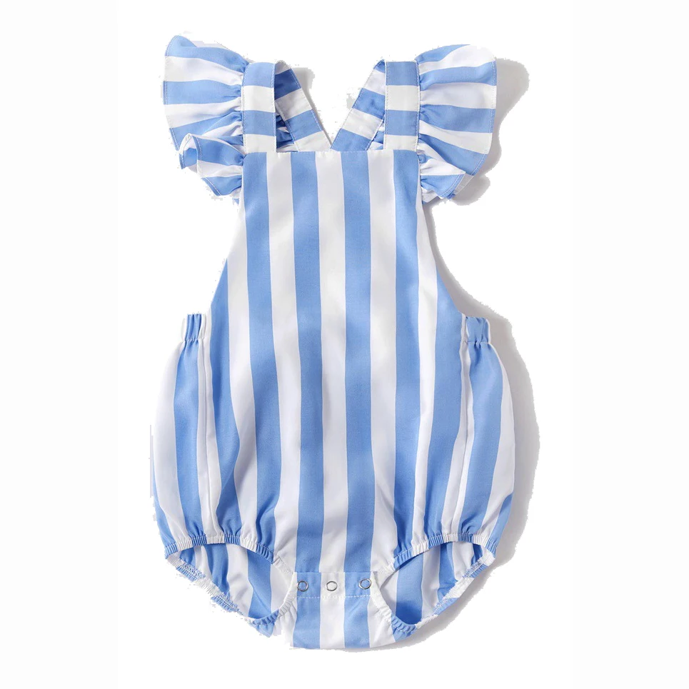 
2021 Wholesale Factory Price Baby Girls Summer Outfit Beach Dress Matching Sets Light Blue Stripes Rompers Babies Custom Clothes 
