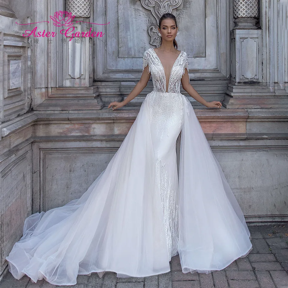 Aster garden Mermaid Wedding Dress 2021 Glamorous Backless Detachable Train Bride V-Neck Beading Tassel Short Sleeve Bridal Gown