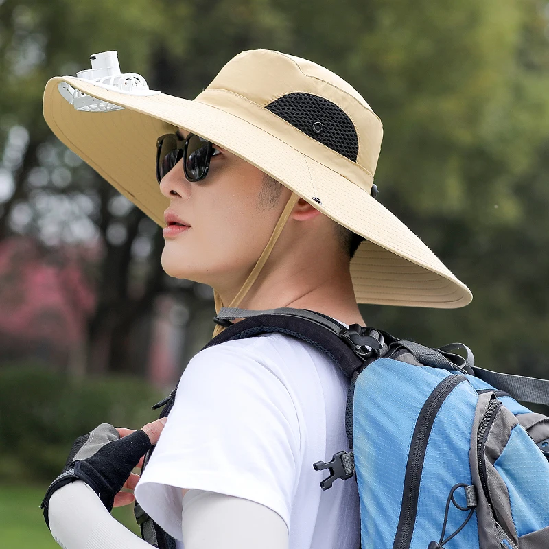 Mens Summer Large Brim Fishing Cowboy Hats Large Brim UV Protection Bucket Hat Outdoor Hiking Breathable Fisherman Hat with Fan
