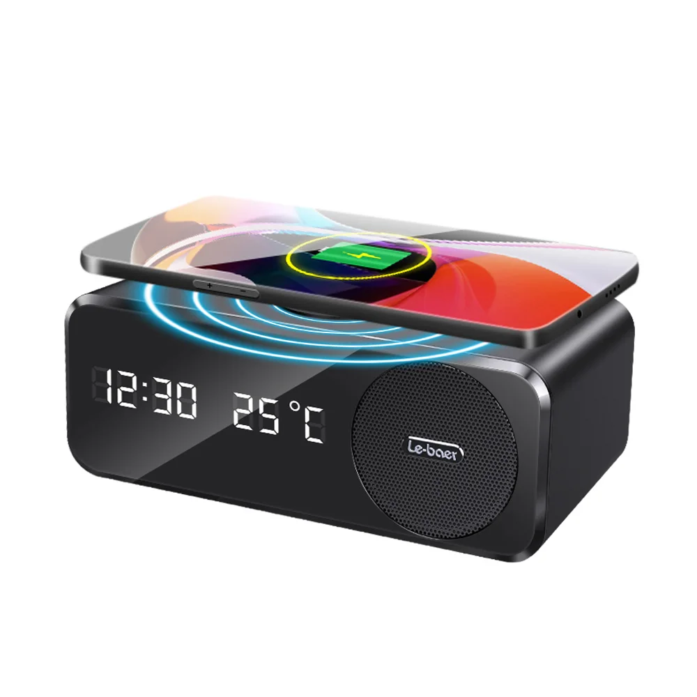 New display clock temperature mobile phone fast wireless charging desktop alarm clock BT speaker with mobile phone holder