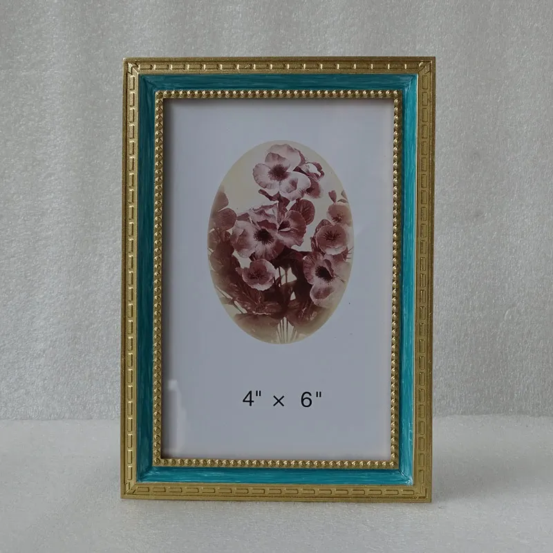 
Vintage Gold Blue Hand Epoxy 4 by 6 Zinc Alloy Tabletop Picture Photo Frame in Rectangle Shape 