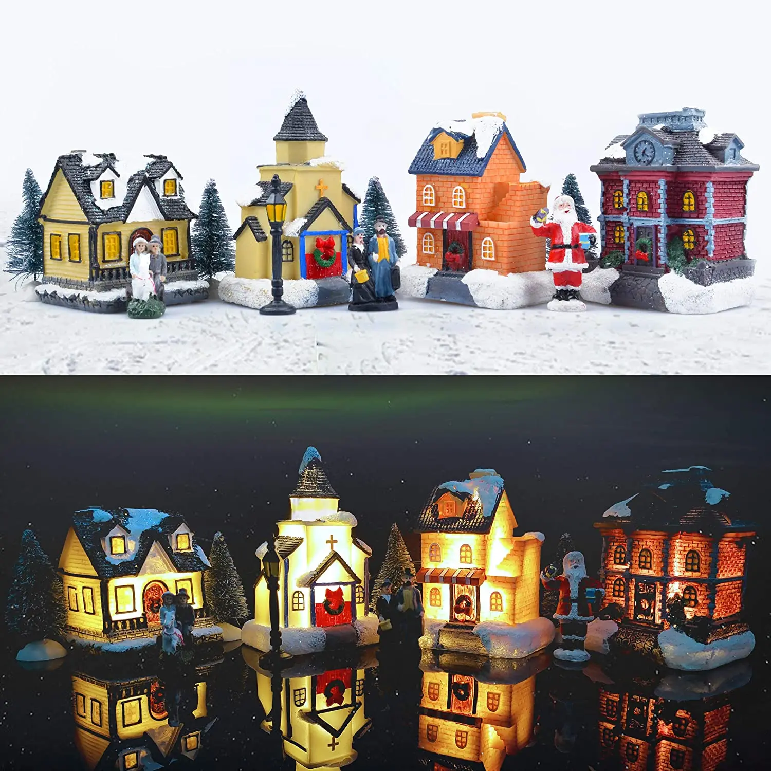 Resin Christmas Scene Village Snow House Sets LED Christmas Village Battery Operate xmas Tabletop Ornaments Holiday Decor Gift