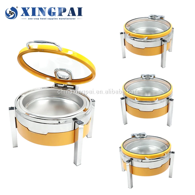 XINGPAI Catering Equipment Buffet Round Chafing Dish Delux Silver Yellow Chafing Dish Buffet Food Warmer With Glass Visible Lid