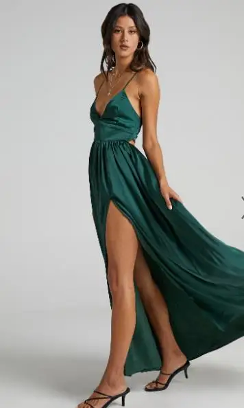 High Quality Sexy High Split Sleeveless Satin Long Party Dress Backless V Neck Strappy Padded Dress