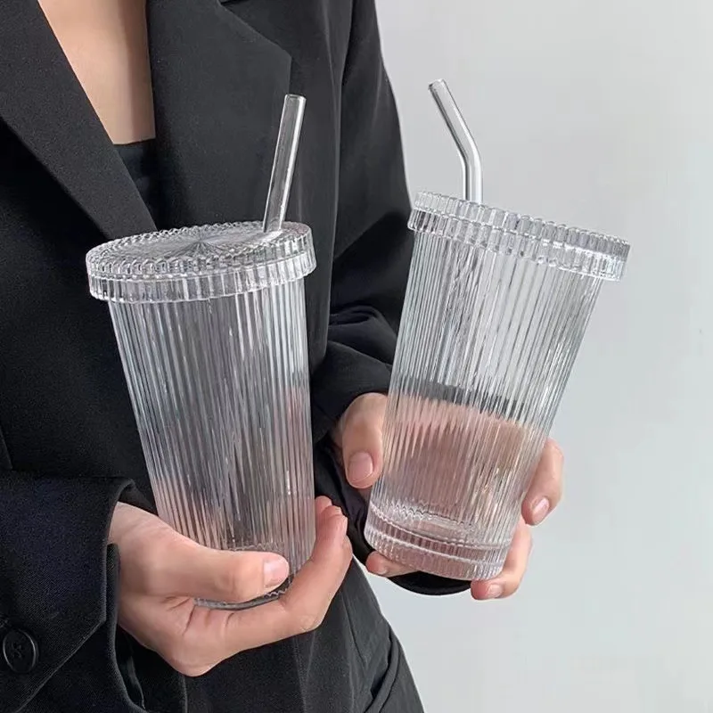 Hot Sale 350ml Transparent Bubble Tea Cup Simple Ribbed Vertical Stripes Glass Cup With Lid and Straw