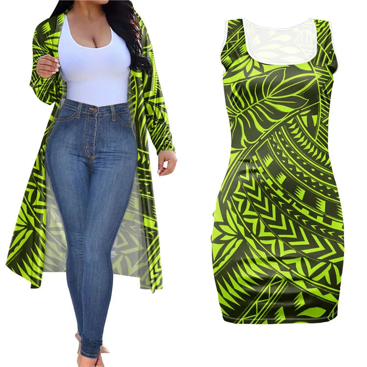Newest Women Set Tribal Polynesian Custom Print 2 Piece Set Outfit Women Clothing Short Bodycon Dress With Long Coat Plus Size