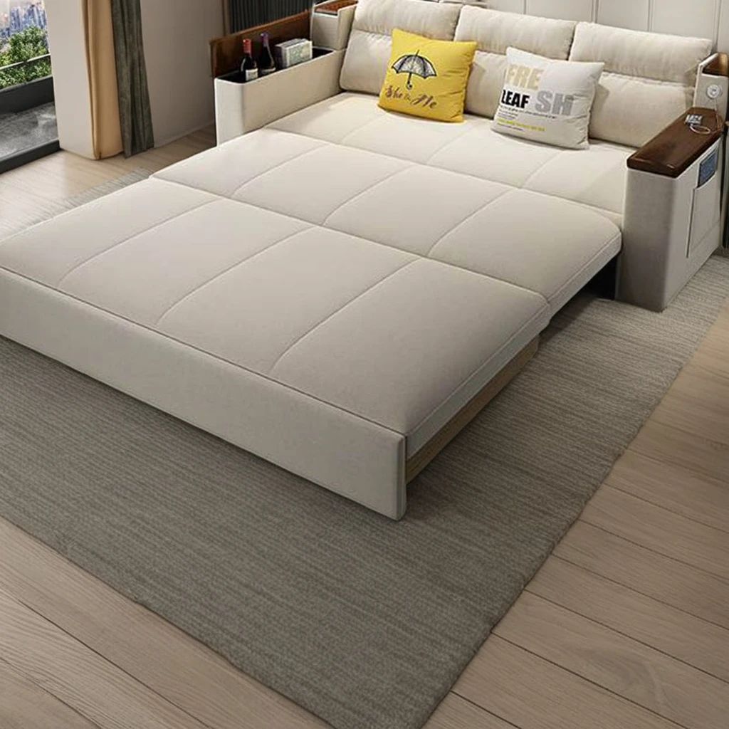 SHEZI Home livingroom fabric Corner pull out sofa come bed foldable soft sleeper couch storage box wooden armrest sofabed