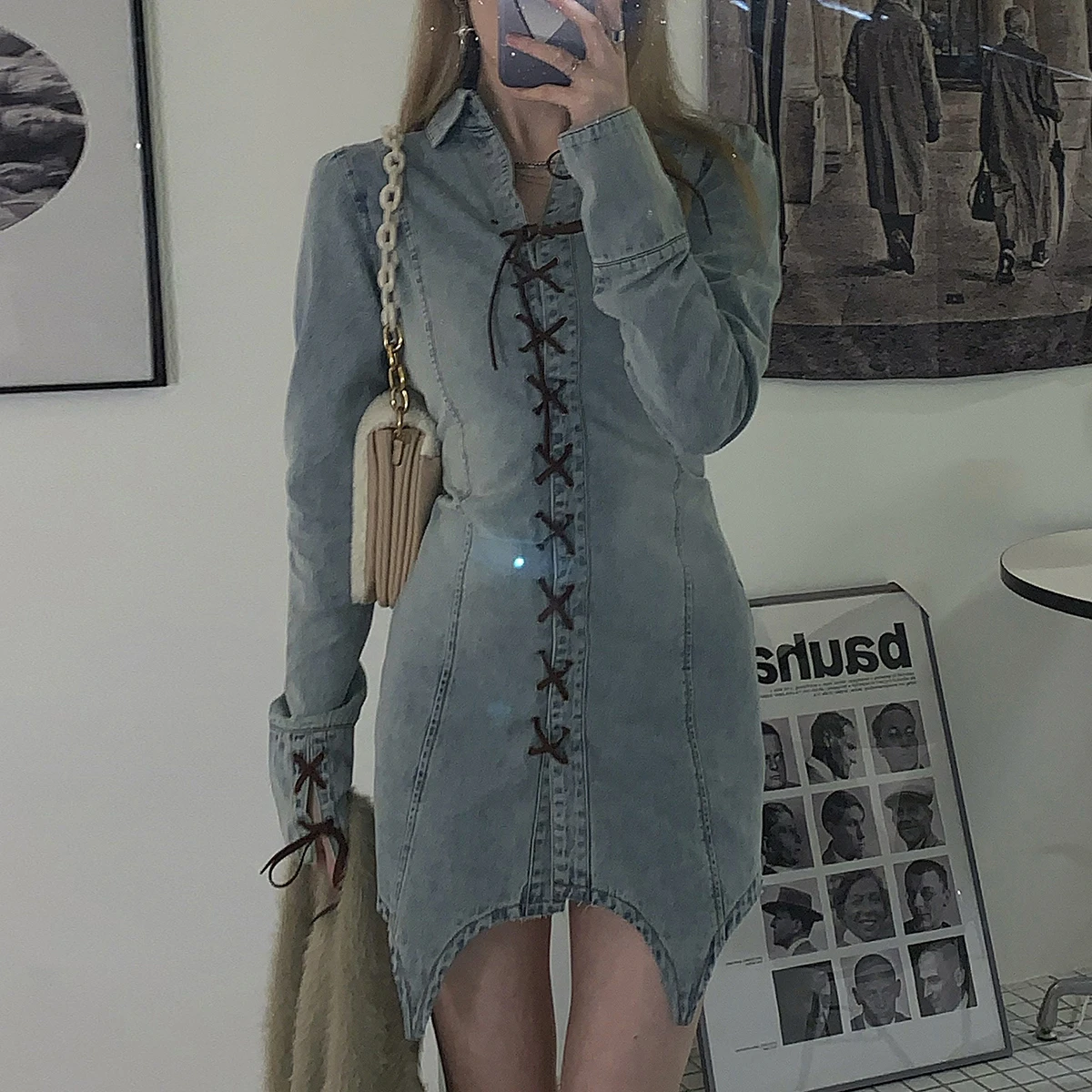 Women Long Sleeve Casual Dresses Stretch Strappy Solid Color V-neck Skinny Dollars Collar Irregular