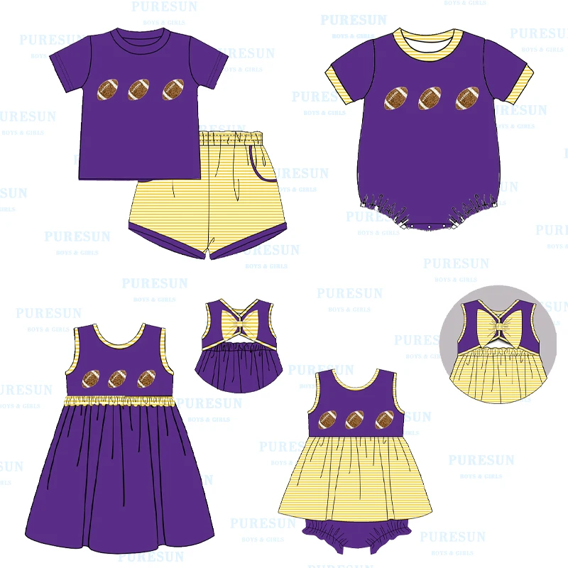 New design smocked football knitted outfits kids game day siblings matching sets toddler boys football appliqued clothing