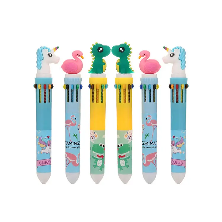 Korea Japan Creative Stationery 10 In 1 Multicolor Ballpoint Pens Cartoon Unicorn Flamingo 0.5mm Plastic Pen