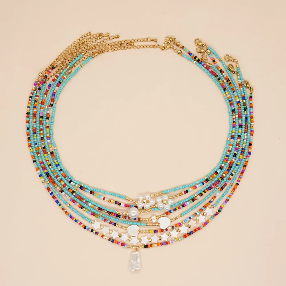 Customized Boho Art Retro Fashion Color Rice Beads Handmade Beaded Shell Pentagram Heart Daisy Seed Bead Necklace