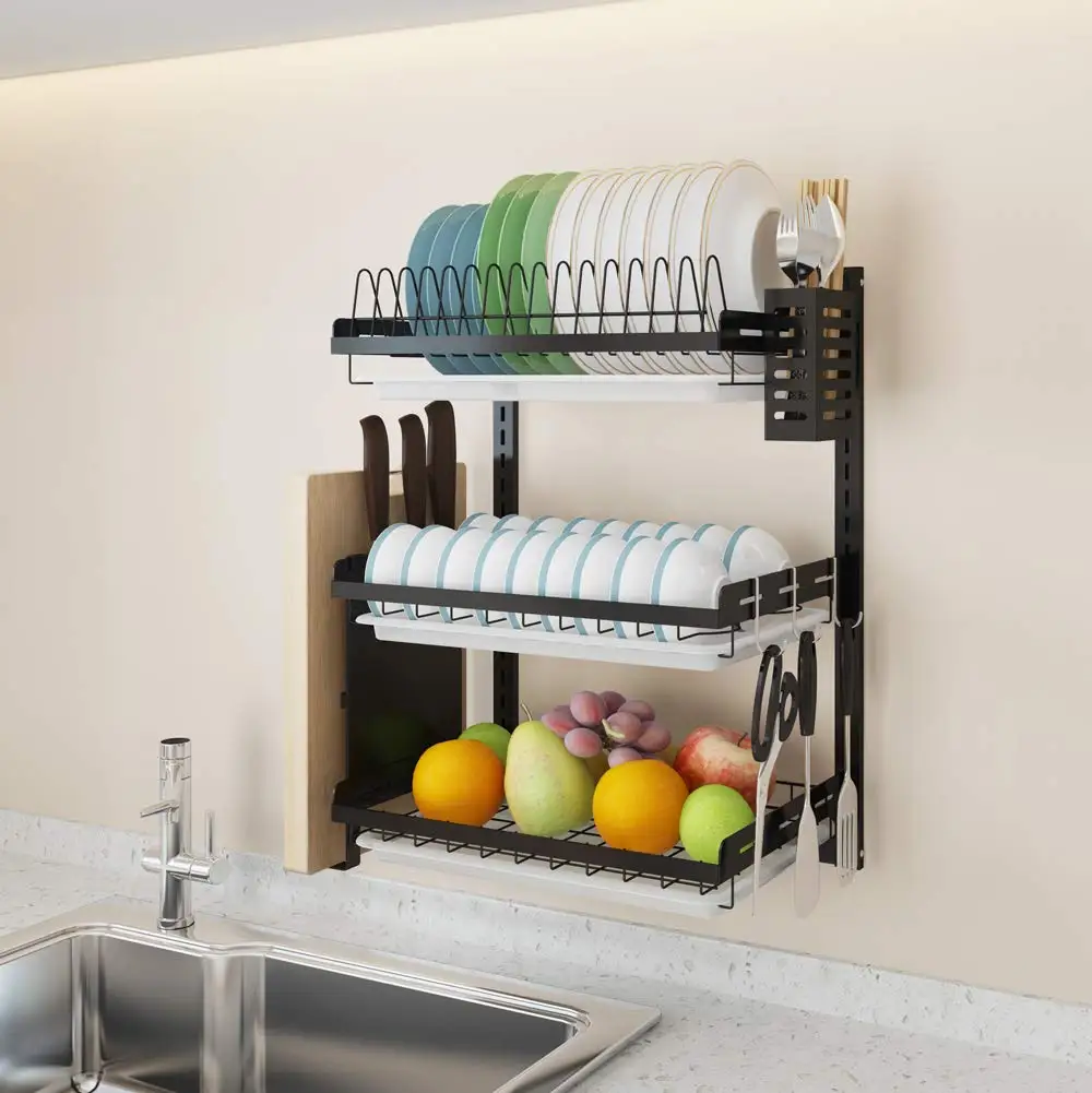 2 3 Tiers L Shape 201 Stainless Steel Kitchen Wall Mounted Dish Storage Rack With Detachable Drain Water Tray