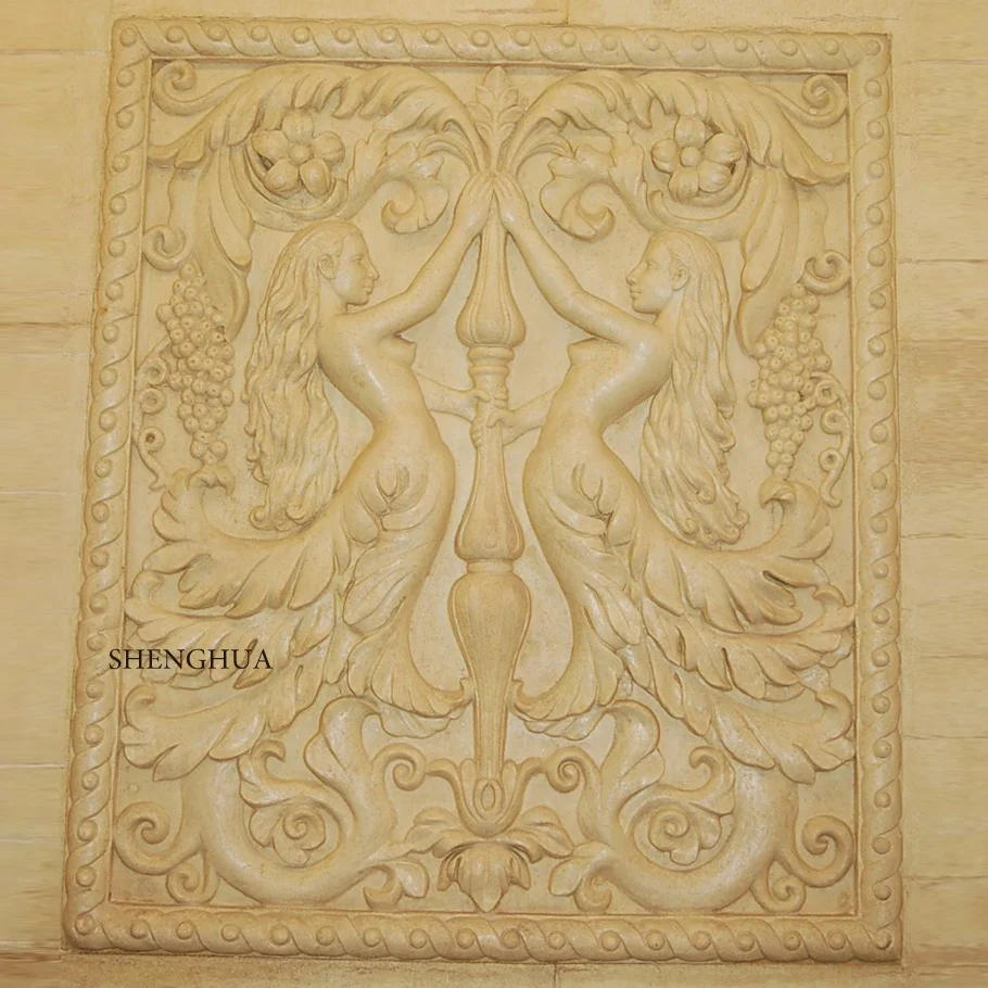 100% Natural Material Yellow Marble Polished Antique Human Statue Wall Naked Women Wall Relief Sculpture