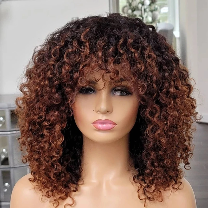 Cute Curly Wave Ombre Brown Colour Cuticle Aligned Human Hair Lace Front Wig With Hair Bang