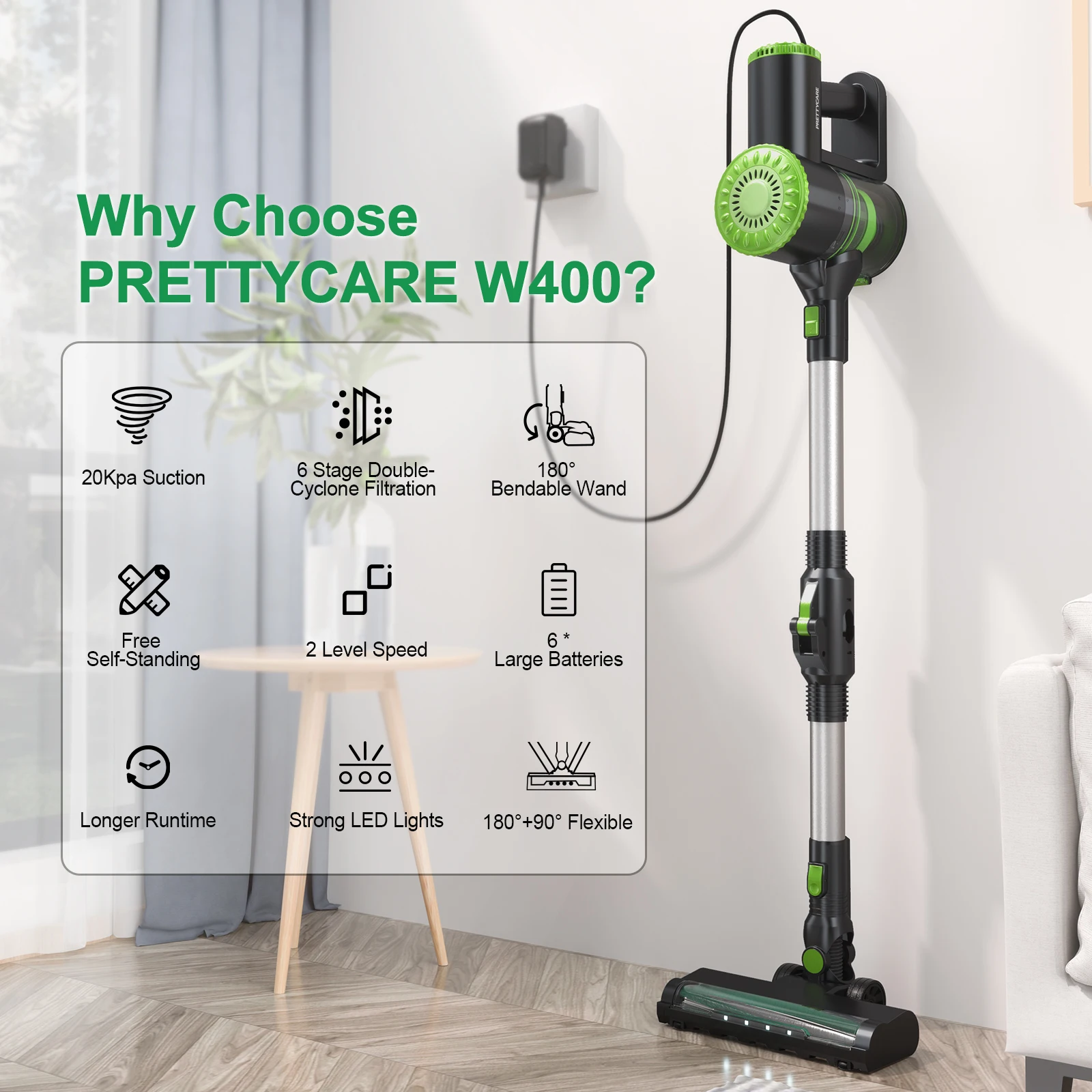 PRETTYCARE W400 20KPA Suction Stick Vacuum Cleaner Wireless Home Use Carpet Floor Care Vacuum Cleaner Self Standing