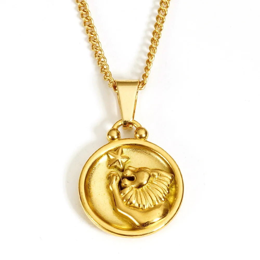 G3327 Wholesale Stainless Steel 18K Gold Plated Round Charm Horoscope Pendant Necklace Fashion Jewelry Zodiac Sign Necklaces