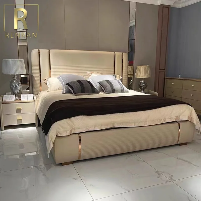 Popular modern design bedroom furniture soft beds light luxury home furniture white leather bed from foshan