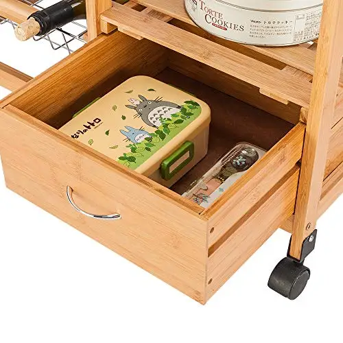 
natural bamboo wood kitchen island trolley cart with 4 wheels 