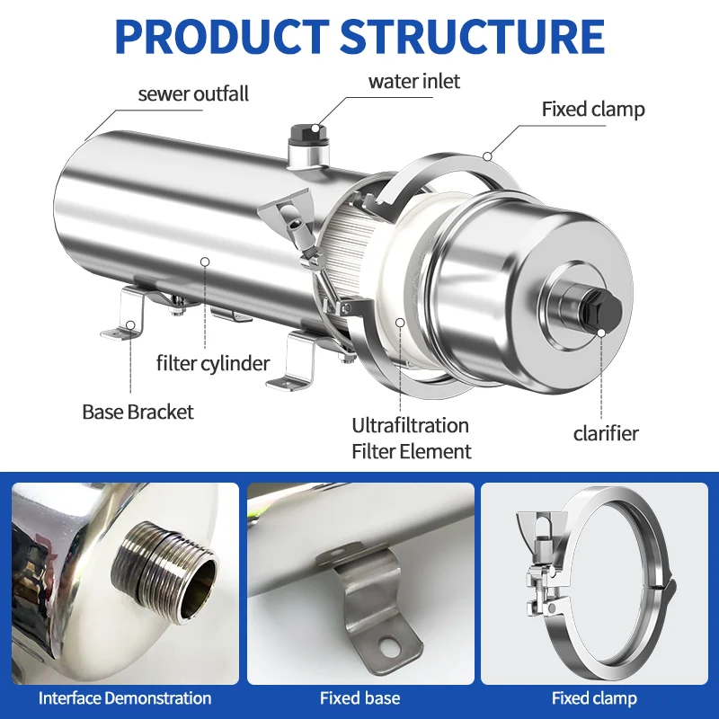 304 Stainless Steel Water Purifier with Ultrafiltration Membrane 3500L/H Whole House Filter Washable PVDF UF for Household Use