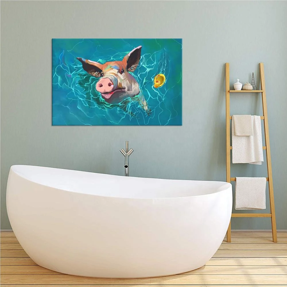 Large Blue Canvas Wall Art Funny Wild Pig Swimming Pig at Sea Abstract Animal Picture Painting on Canvas for Living Room