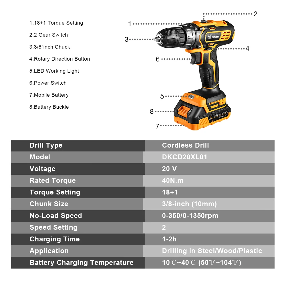 DEKO DKCD20XL01-H10 20V New Cordless Drill Screwdriver 18+1 Torque Setting 40N.m Keyless Chuck Drilling in Wood Power Drill
