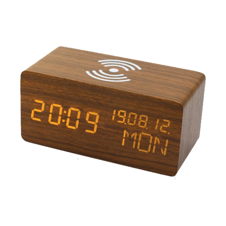 Factory Wholesale Mobile Phone 10W QI Wireless Charger Digital Alarm Clock Square 6 Inch Blue Red Green White CE. ROHS MDF+PVC