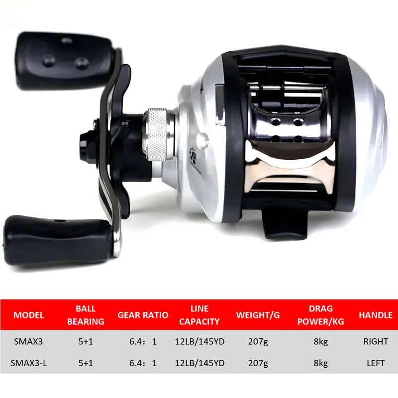 Abu Garcia SMAX3 Baitcasting Fishing Reel Dual Brake Max Drag 8kg Gear Ratio 6.4:1 5+1BB Ultralight 207g Casting fishing Reels