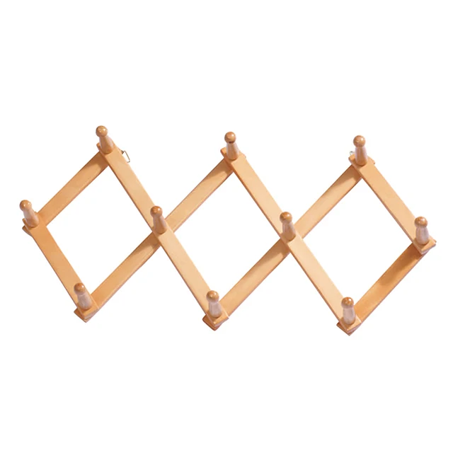 
YIKAI Natural Wood Wall Mounted Coat Hat Expanding Fold Door Hook Wooden Hanger 10 Hook 