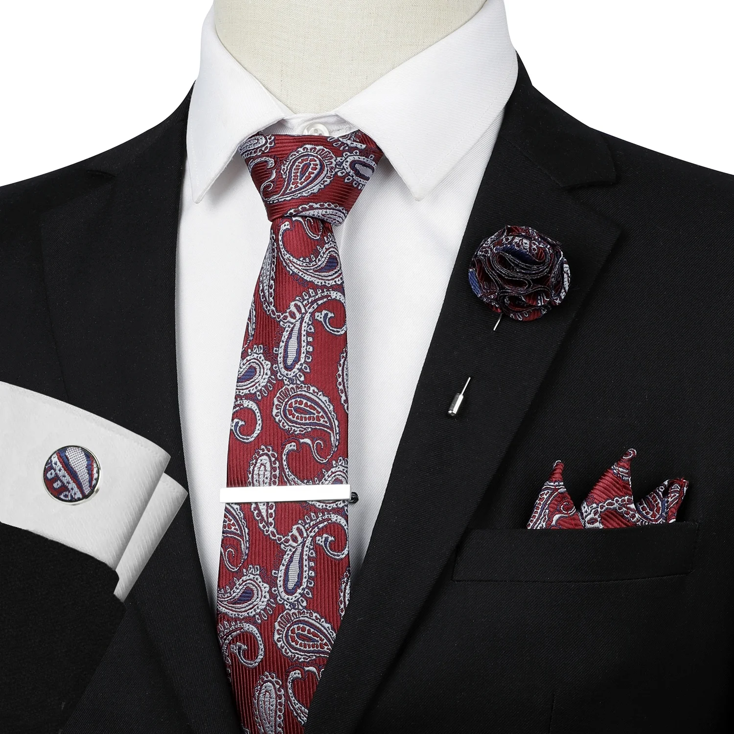 Spear Design Mens Fabric Necktie Set 6 piece Wedding Tie Cufflinks Hanky Set