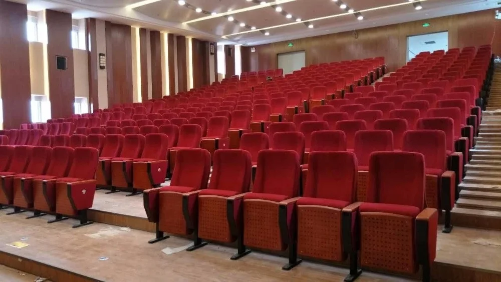 High quality fabric auditorium theatre chair,red color folding auditorium hall chair with writing pad