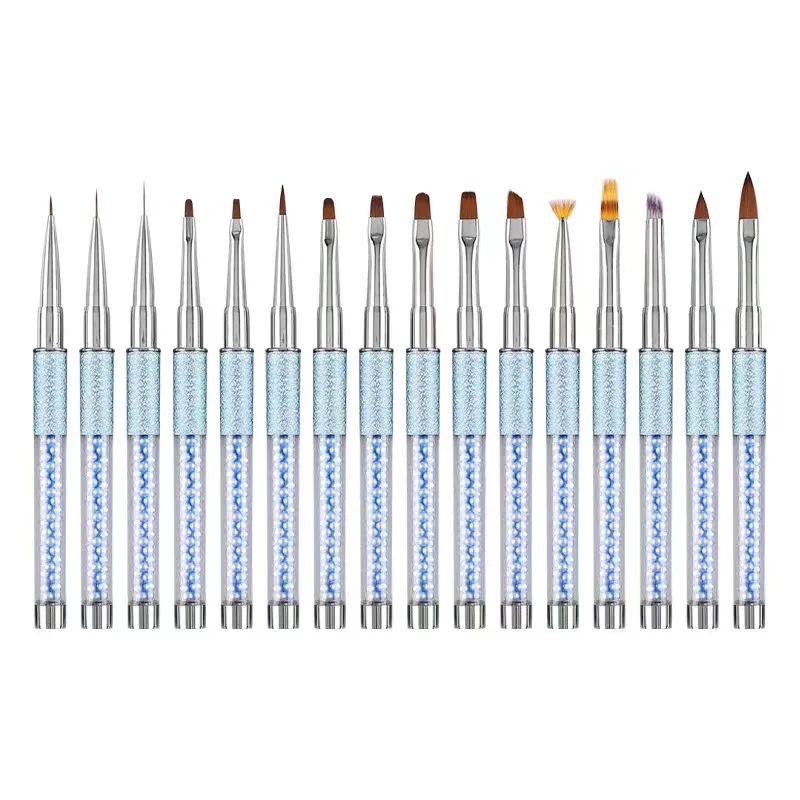 New Gel Art Design Rose Blue Rhinestone Handle Nail Art Paint Brush Liner Nails Brush With Cover Flat