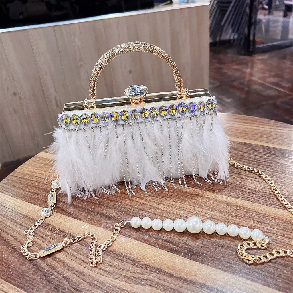 Luxury Feather Party Evening Clutch Bag Women Wedding Pearl Tassel Purses and Handbags Chain Shoulder Bag Designer Bag