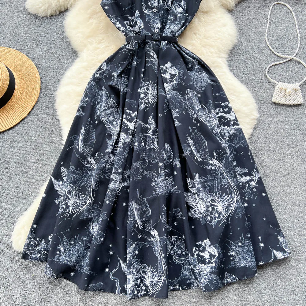 Customized summer new fashion short-sleeved  print medium-length large swing style dress black white sleeveless dress