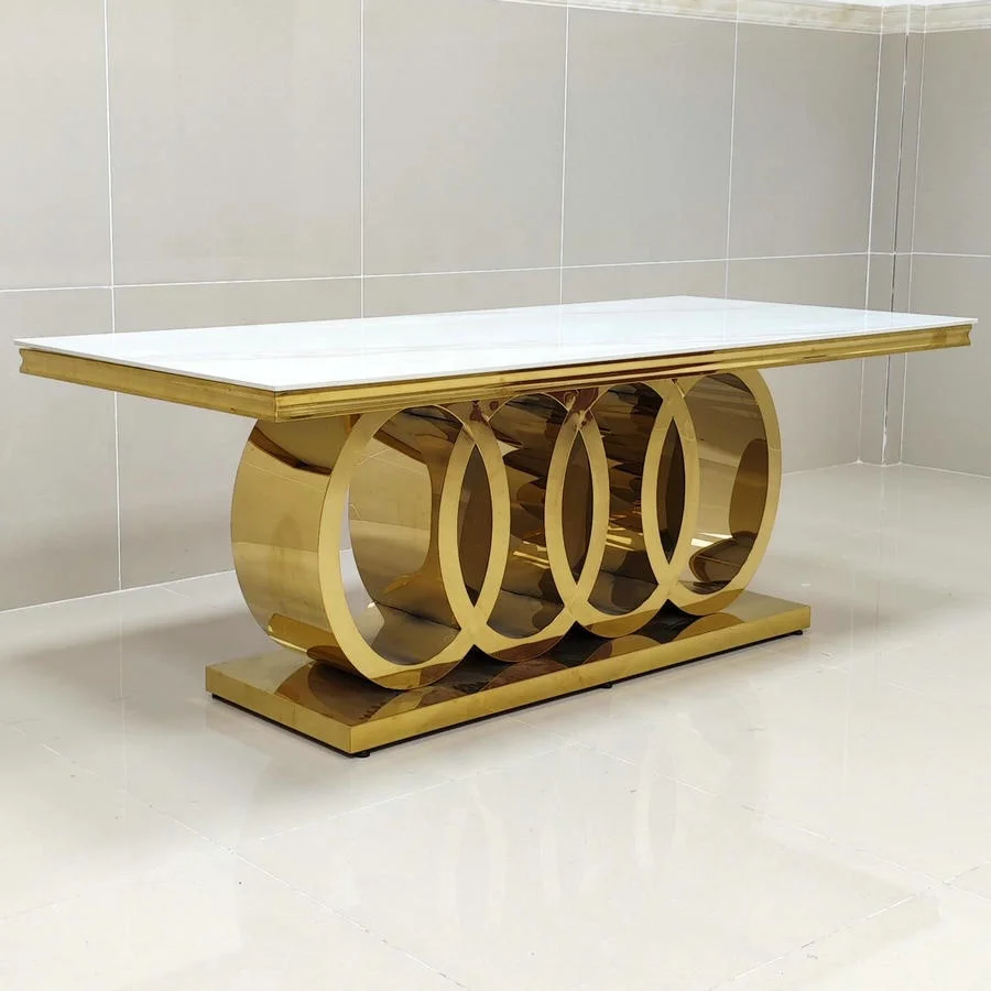Restaurant 4 Round Cycle Golden Stainless Steel Frame Marble Top 2 Meter Dining Table For Dining Room Furniture
