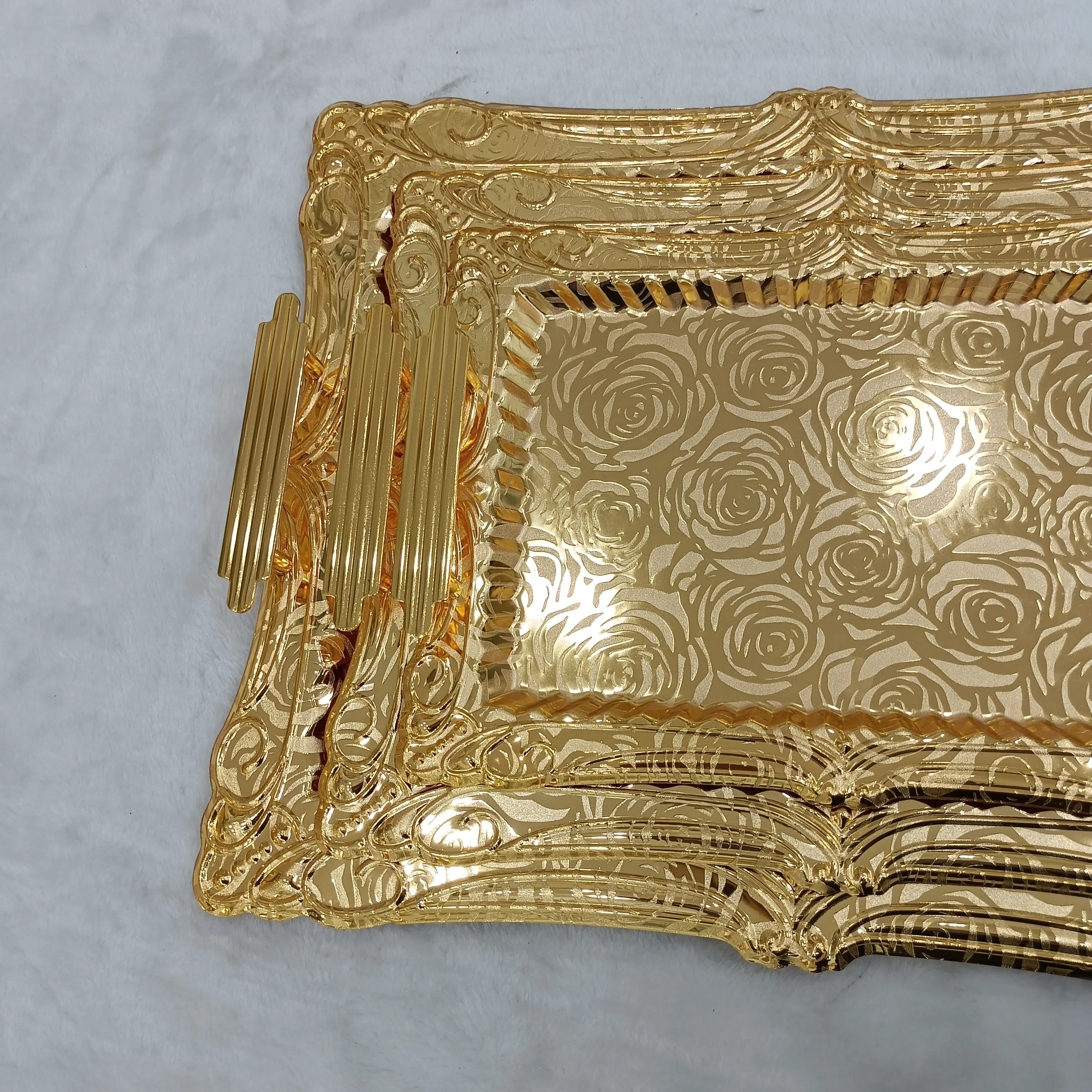 2024 Ramada Oval 3pcs Stainless Steel Metal Plateau Tray Set Tea Serving Arabic Middle East Mirror Gold Trays Set