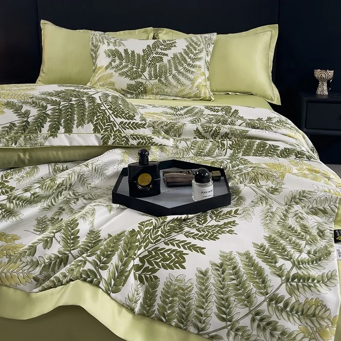 New Ins Green Air-condictioning Quilt Set for Summer Queen King Floral Rose Cooling Soft Tencel Quilt Bed Sheet Pillowcases 4Pcs